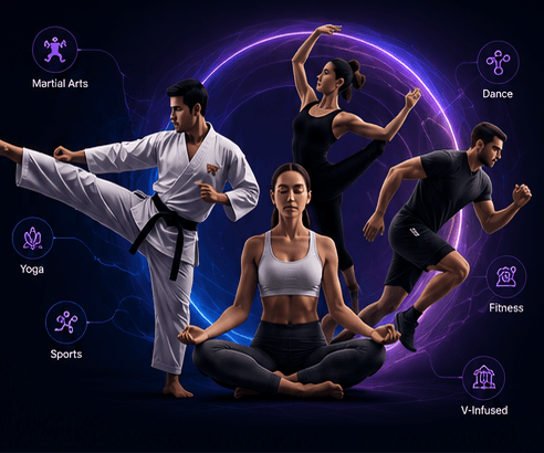 Athletes practising martial arts, yoga, dance and sports